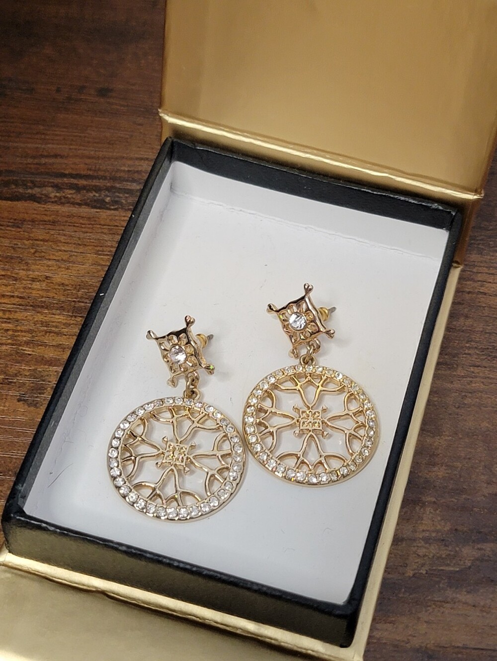 Vintage Avon Gold Colored Crystal Filigree Dangle Earrings
